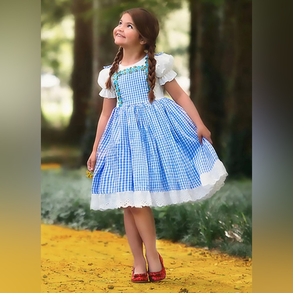 Blue Gingham Girls' Costume Dress with White Lace - Classic Storybook Style